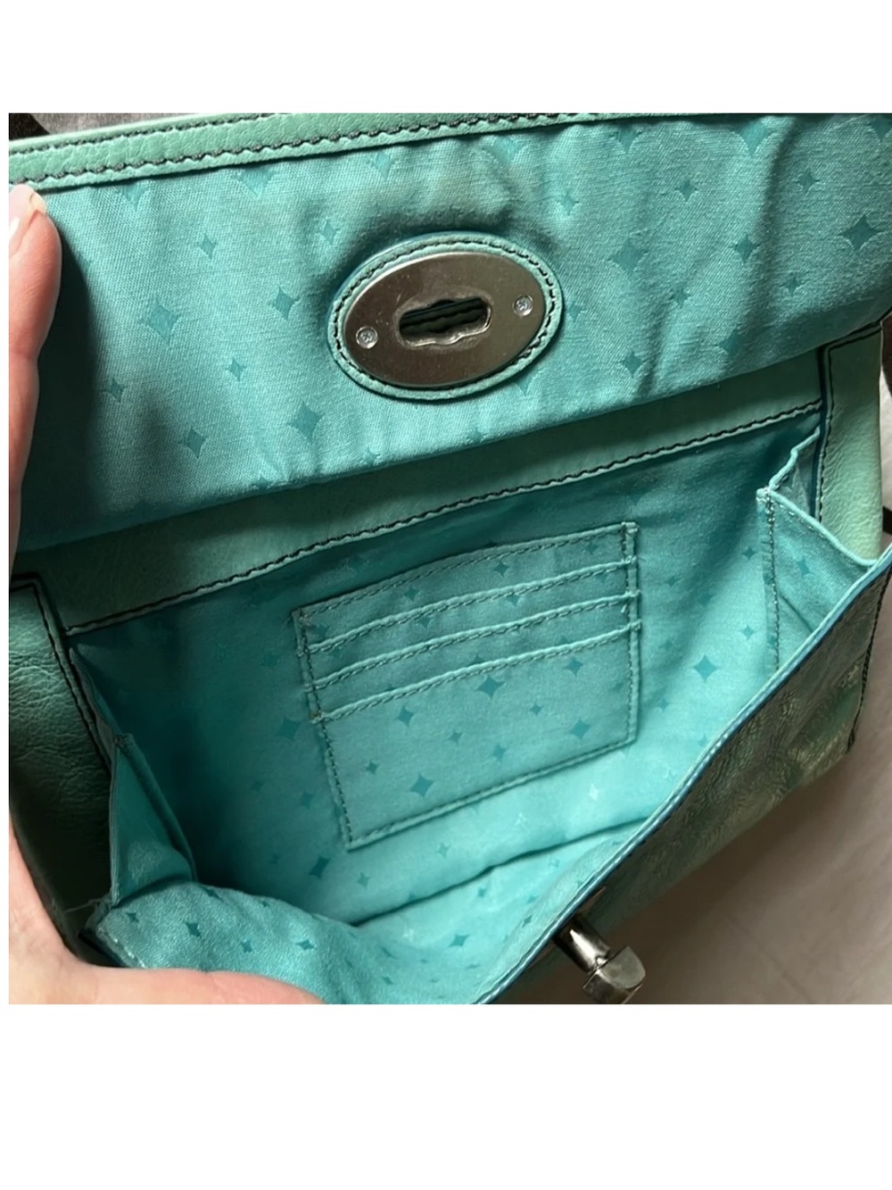 Fossil Seafoam Aqua Cowhide Leather Crossbody Shoulder Bag Purse Twist Lock - Picture 10 of 16